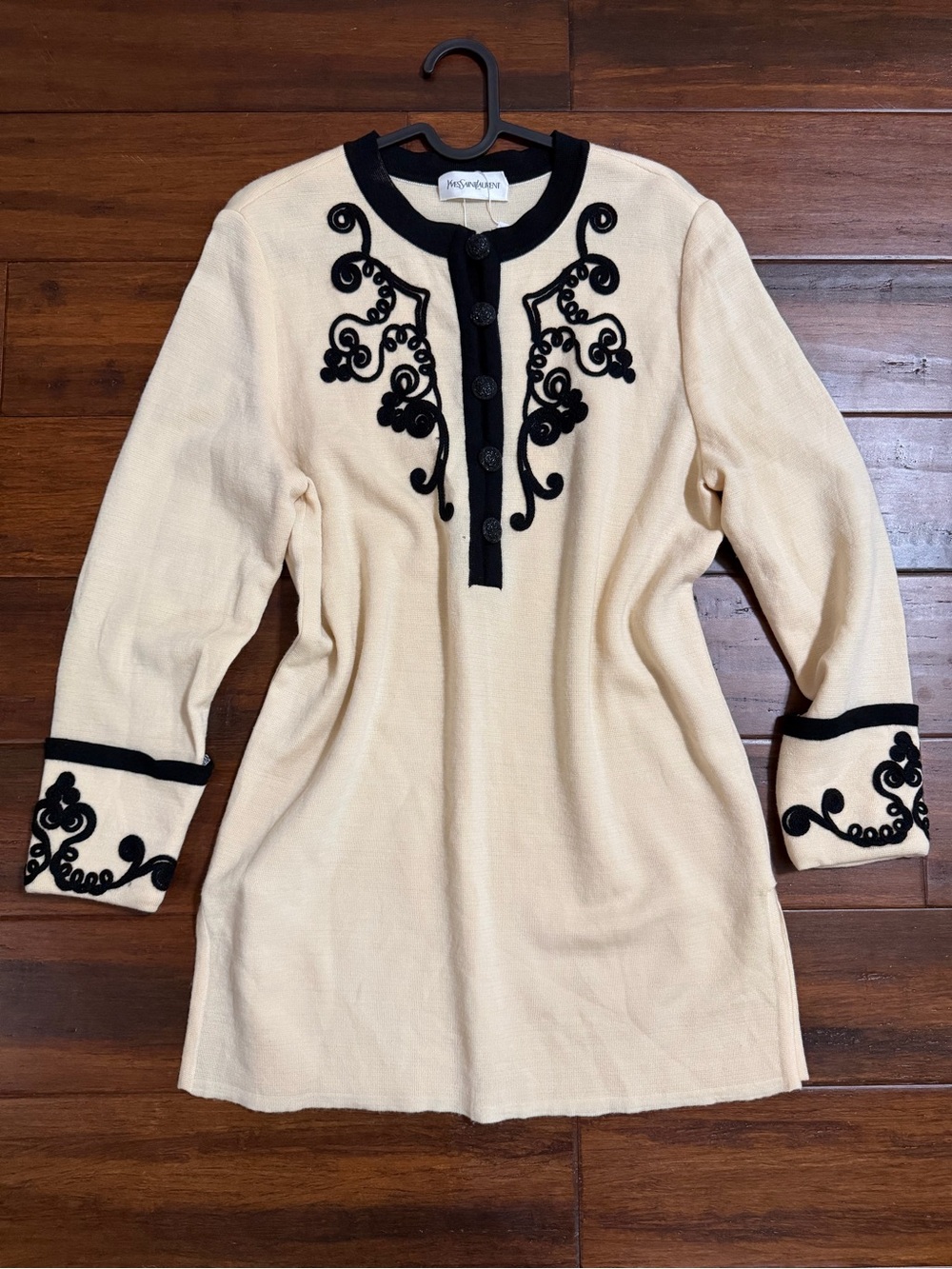 Yves Saint Wool Laurent Cream and Black Embroidered Tunic Dress